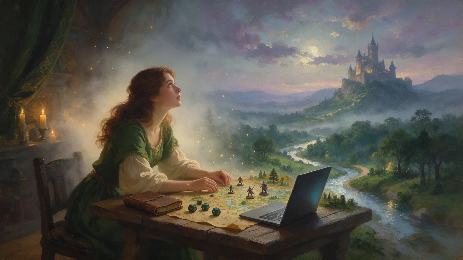 Oil painting of a woman in medieval clothing at a table with a laptop, dice, and miniatures, as her map blends into a river valley beneath a distant castle.