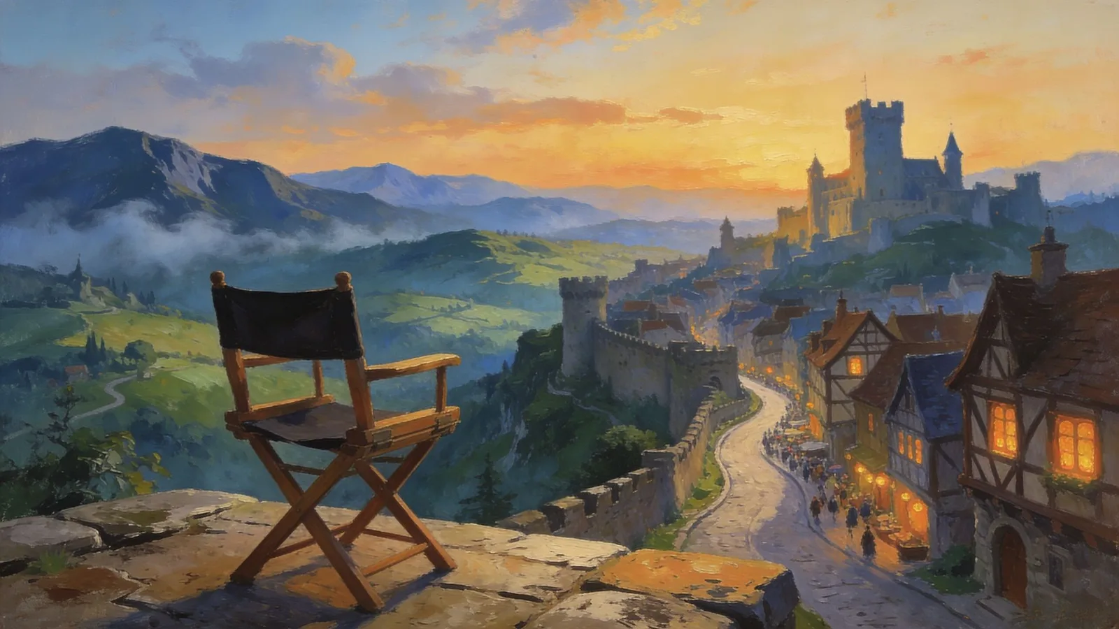Oil painting of an empty director’s chair on a stone terrace overlooking a medieval town, castle, and distant mountains at sunset.
