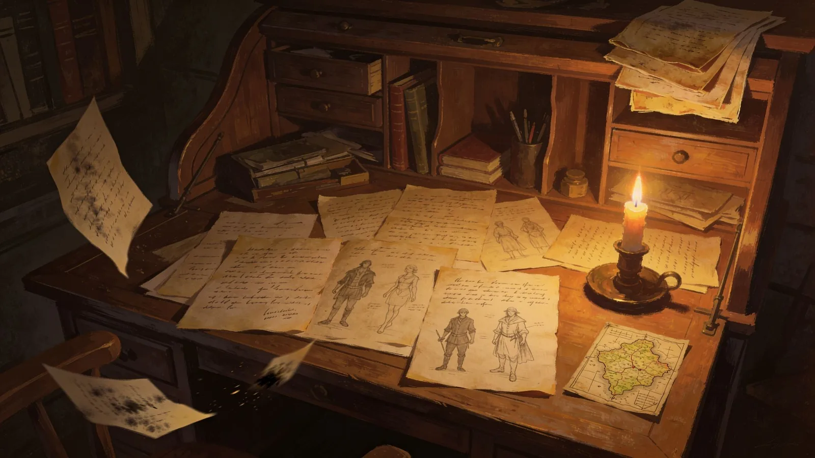 An oil painting of a candlelit writing desk covered in parchment and maps, with old pages sliding off the far edge and fading into shadow.